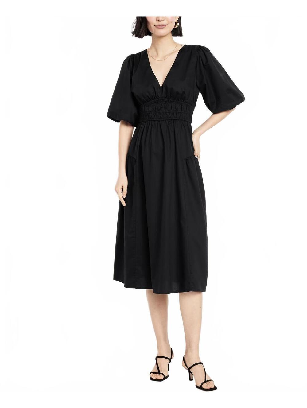 Waist-Defined Puff-Sleeve Midi Dress Old Navy NWT Black Jack XS Tall